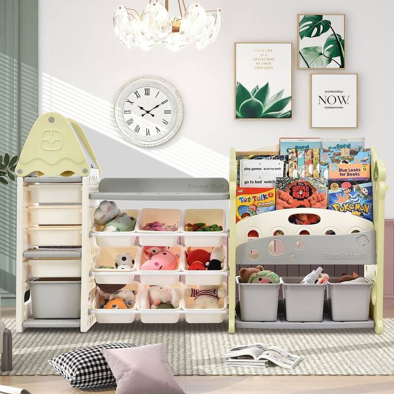 Kids Toy Storage Organizer with Bookcase, Multi-functional Nursery Organizer - Light Green