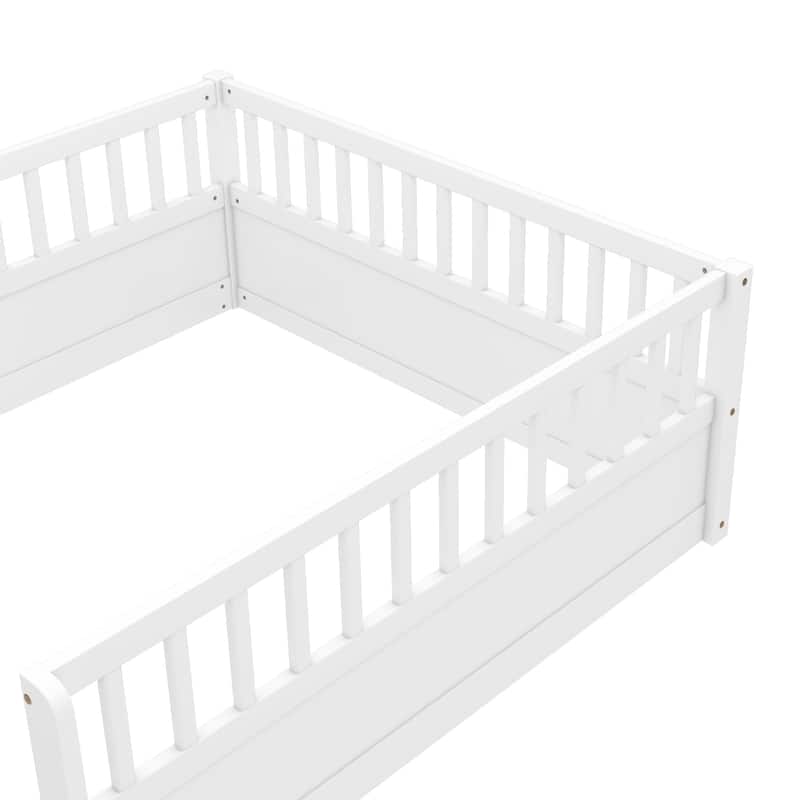 Full Floor Bed Frame with Fence, Montessori wooden children's floor bed,Wood Kids Floor Beds Frame for Bedroom Playroom