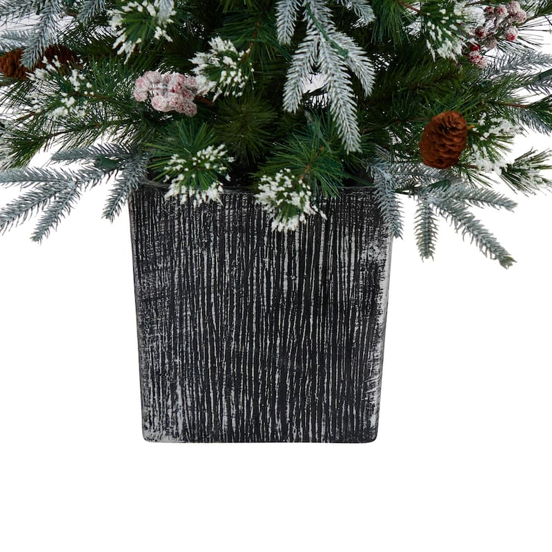 4Ft Frosted Christmas Tree with Lights & Berries - Holiday Decor Indoor Tree in Planter - Green - 48