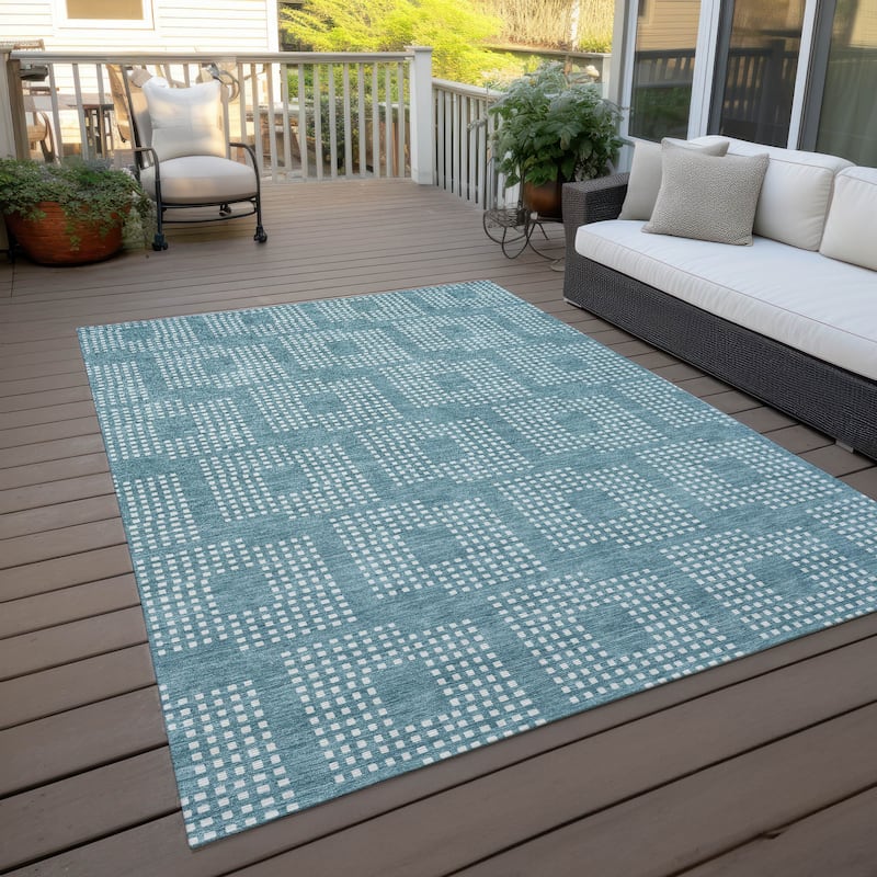Machine Washable Indoor/ Outdoor Chantille Houndstooth Modern Rug - Teal - 9' x 12'