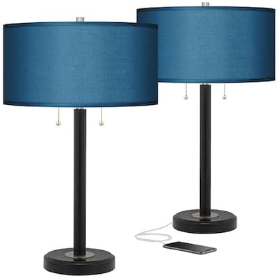 Modern Table Lamps Set of 2 with USB Black Bronze Blue Shade - 15" x 25"