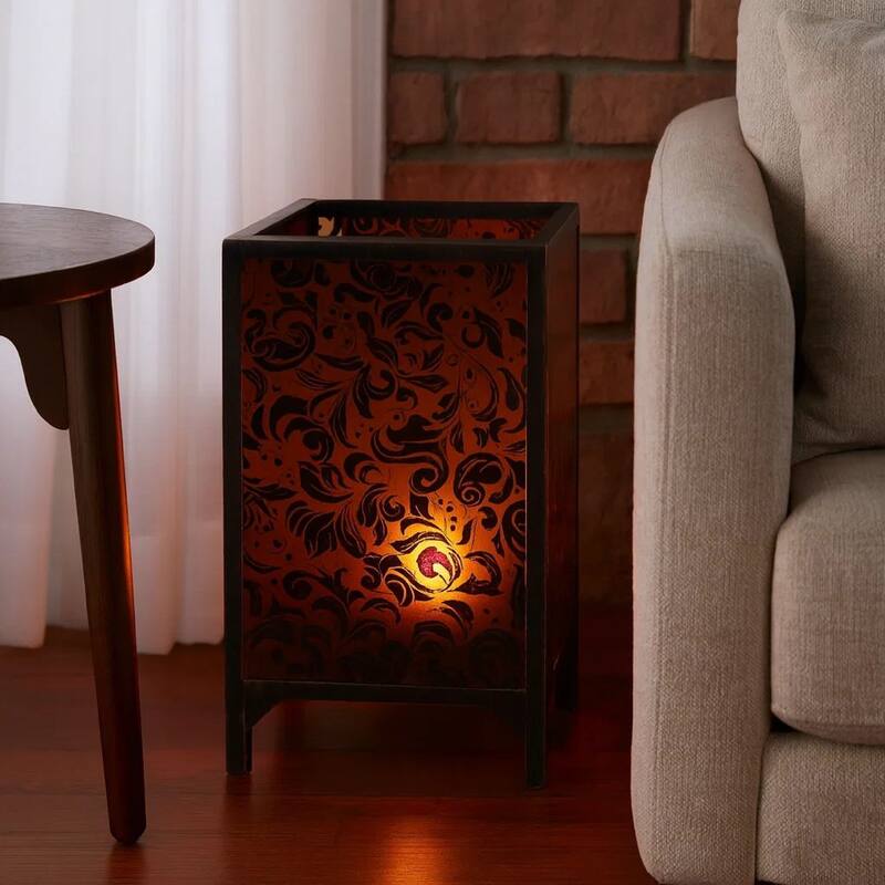 Cuboidal Metal and Glass Filigree Candleholder, Black and Clear