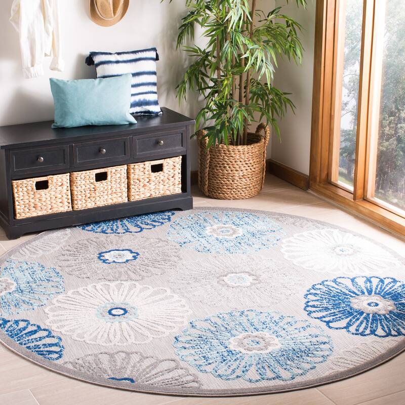 SAFAVIEH Cabana Goldia Indoor/ Outdoor Waterproof Patio Floral Rug - 6'7" x 6'7" Round - Grey/Blue