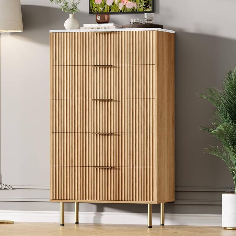 Fluted Chest 5 Drawers Dresser for Bedroom Closet Living Room Hallway - Khaki