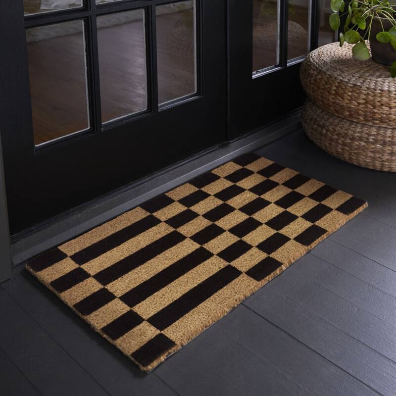 Checkerboard Stripe Geometric 18" x 30" Doormat - 18" x 30" - 18" x 30" - Black