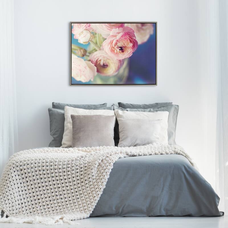 Kate and Laurel Sylvie Ranunculus in Blue Framed Canvas by Kristybee