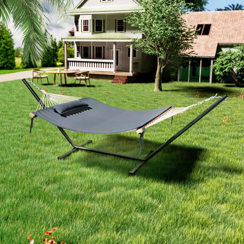 VEIKOUS 12 ft. Quilted Camping Portable Hammock with Stand and Detachable Pillow for 2-Person - Grey