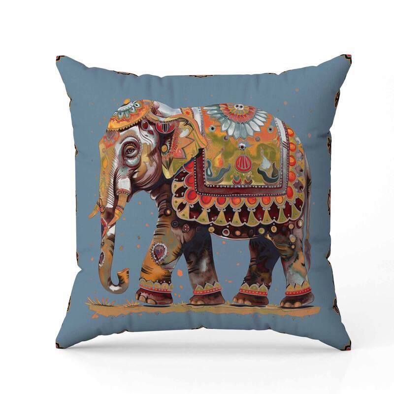 Decorated Elephant Faux Suede Reversible Throw Pillow Blue and Orange