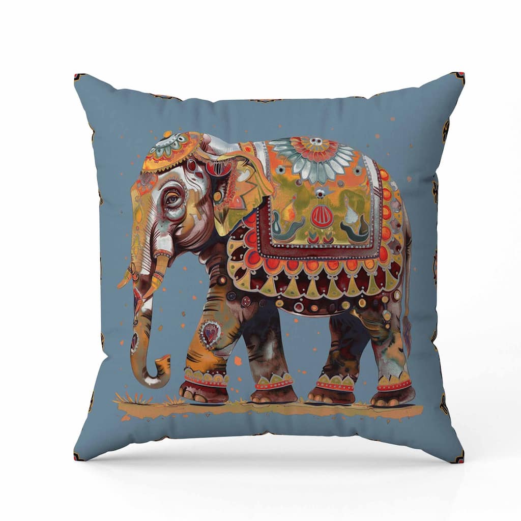 Decorated Elephant Indoor/Outdoor Reversible Throw Pillow Blue and Orange