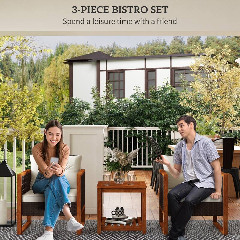 3 Pieces Patio Bistro Set Wooden with Cushions, PE Wicker Patio Furniture Outdoor for Porch, Backyard, Garden