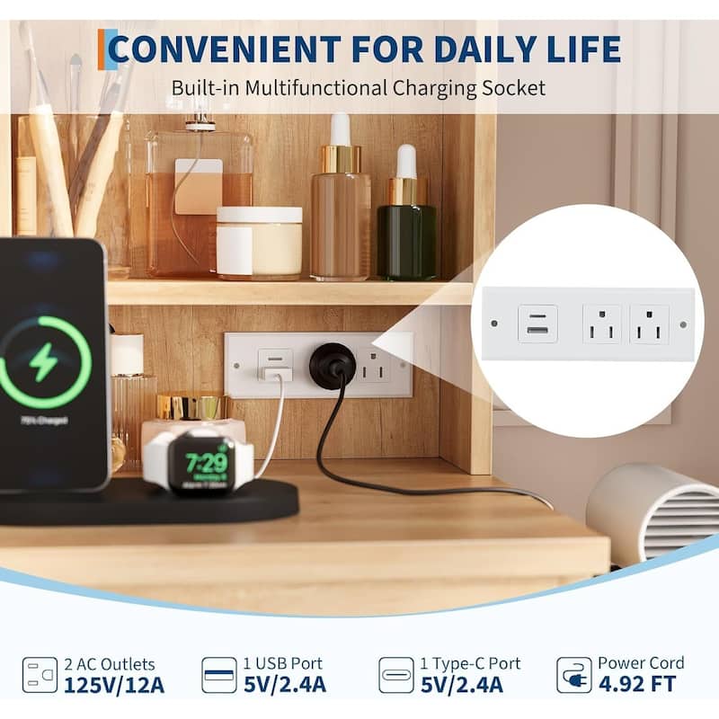 4 Drawers Vanity Desk with Power Outlet, Stool, Mirror and LED Light