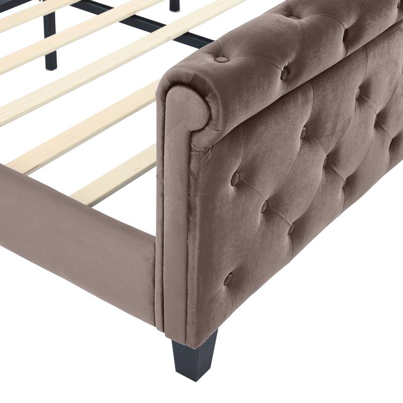 Christopher Knight Home - Amara Traditional Velvet Upholstered Sleigh Bed with Wingback Headboard & Scroll Footboard, Queen Size