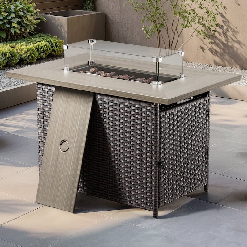 Meyreso 41 in. Rectangular Brown Wicker and Metal Propane Gas Outdoor Fire Pit Table with Lava Rocks, 50000 BTU