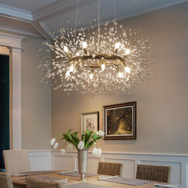 12/20 - Light Modern Glam Sputnik Wagon Wheel Crystal Chandelier for Entryway, Living Room(Bulbs Included)