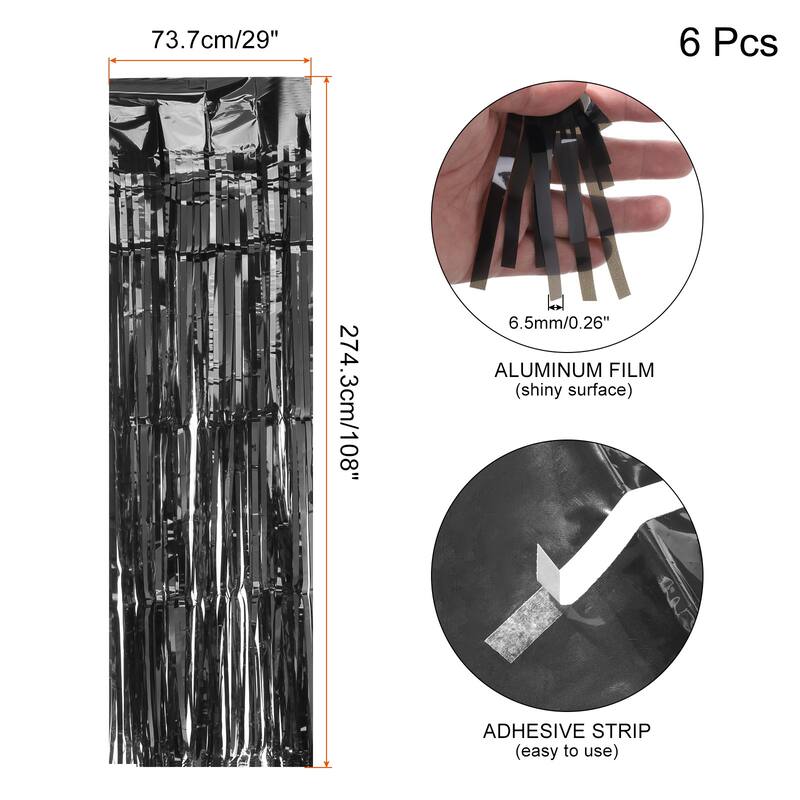 6 Pack 29x108 Inch Black Metallic Foil Fringe Tinsel Table Skirts - Black