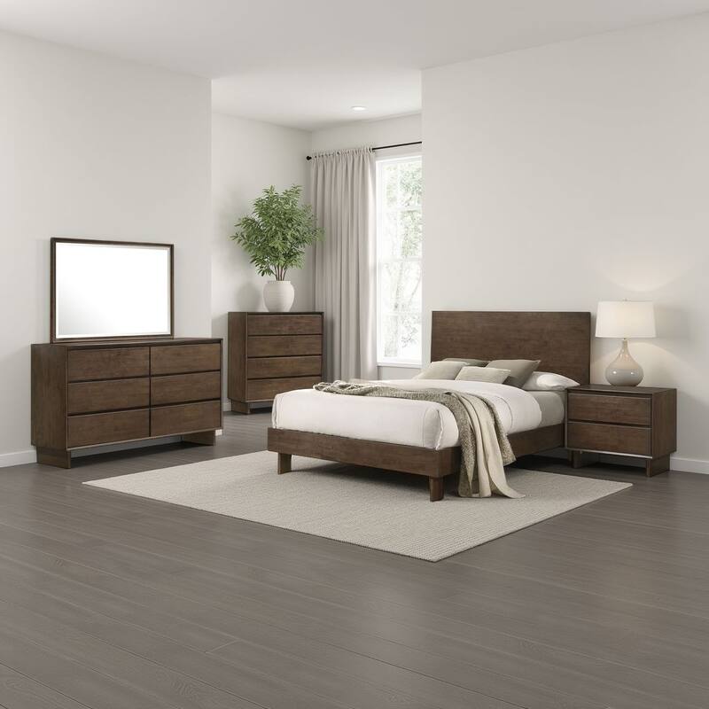 Genu 5pc Queen Size Bedroom Set, Modern Warm Brown Rubberwood