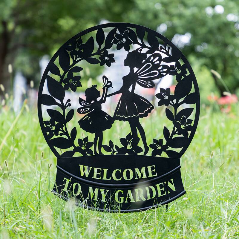 Glitzhome 30"H Multi-functional Metal Rabbit Flower Fairy Silhouette with Welcome Sign Garden Yardstake Wall Decor - Flower Fairy