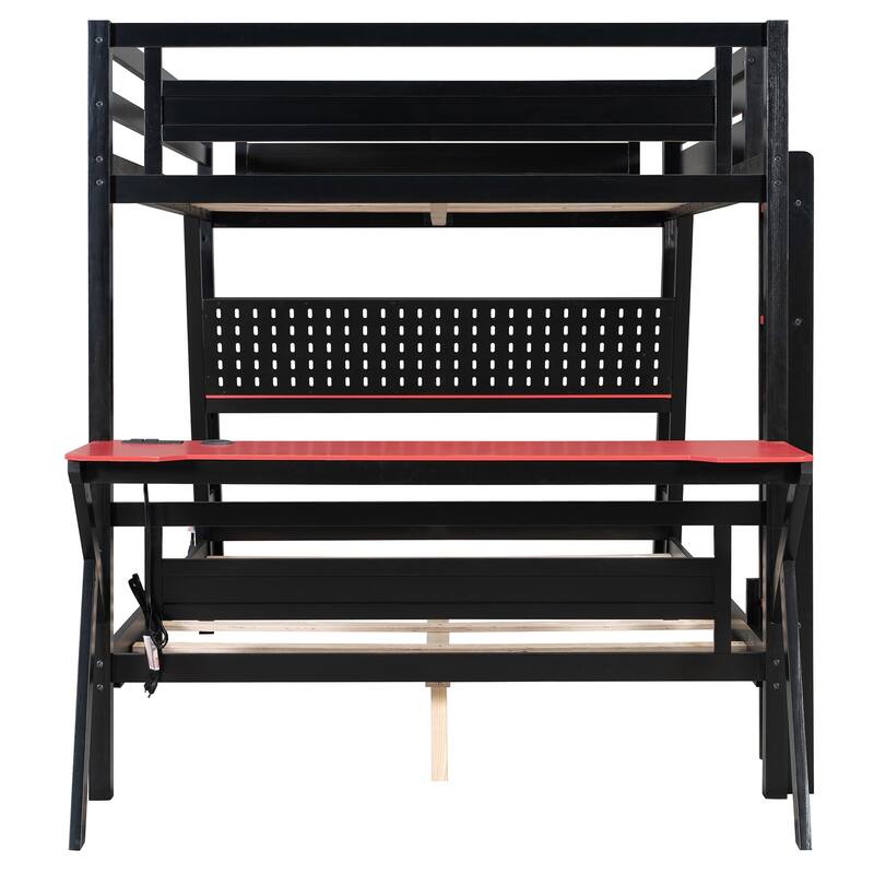 Gaming Bunk Bed Two Built-In Gaming Desks Each Side Loft Bed with USB Desktop Ports and Pegboard Organizer for Gaming Room Gamer