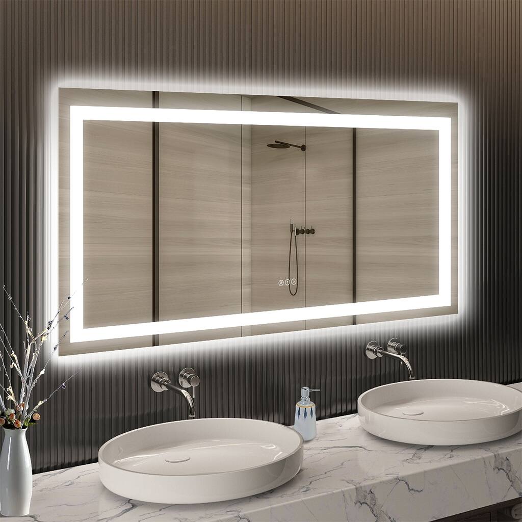 LED Bathroom Mirror with Lights 60x28, Lighted Vanity Mirror Wall Mounted with Front and Backlit - White