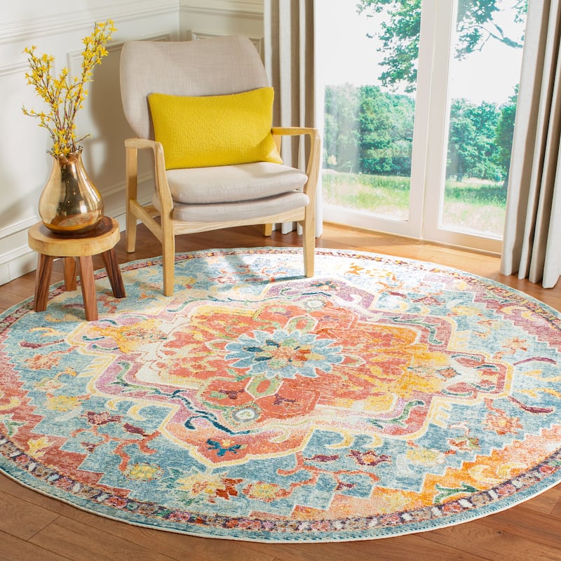 SAFAVIEH, Crystal Naimat Vintage Boho Medallion Rug - 4' Round - Orange/Teal