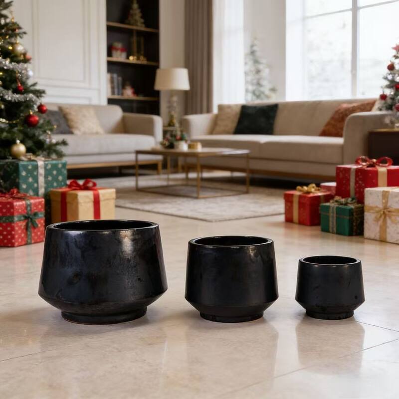 Ceramic Planter Pot for arranging Monstera Fiddle-Leaf Fig, Drainage - Antique Black