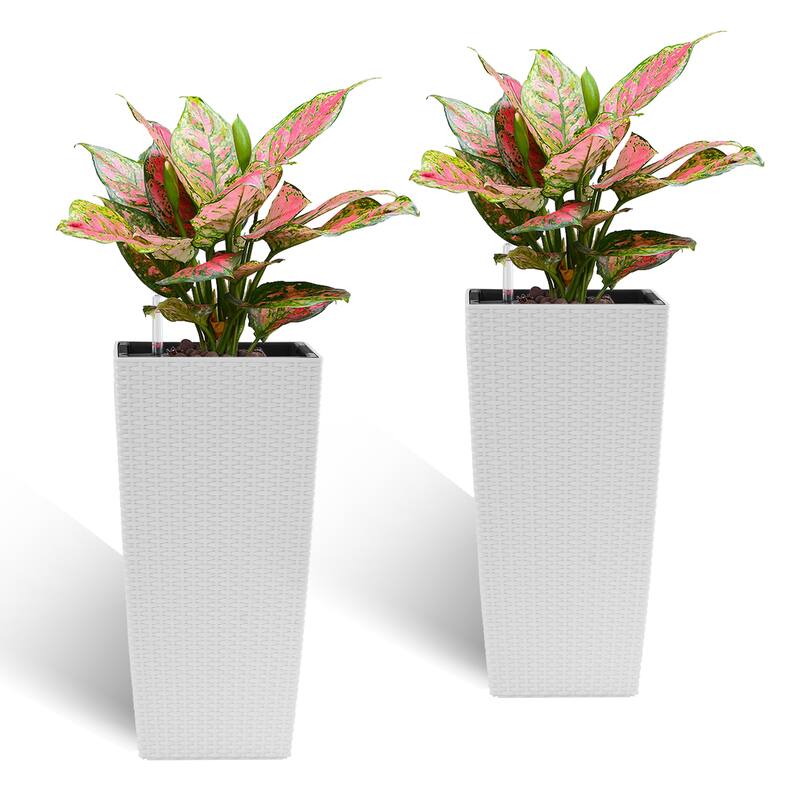 Square Planter Pack of 2, Faux Rattan Flower Pot with Automatic Watering System