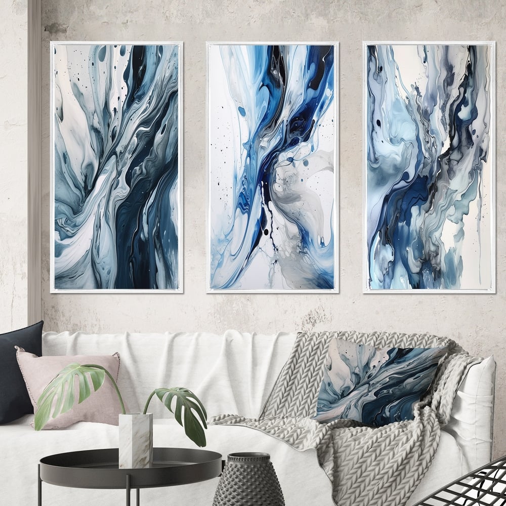 Designart "Blue And Grey Ethereal Elixir III" Abstract Framed Wall Art Set Of 3 Frame Canvas Set For Living Room Decor