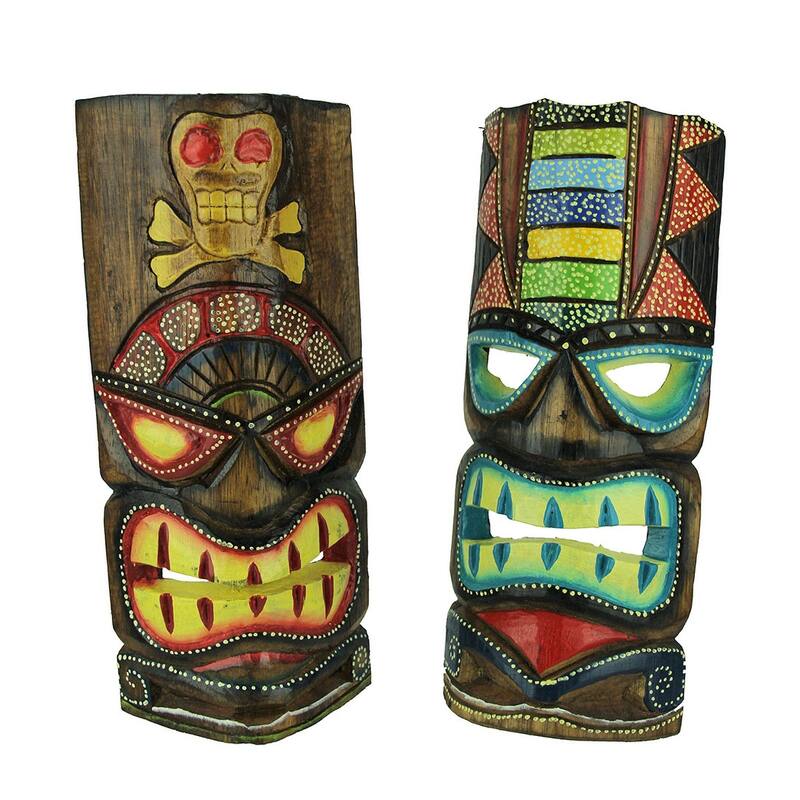 12 Inch Carved Wood Tiki Totem Wall Mask Tropical Decor (Set Of 2)