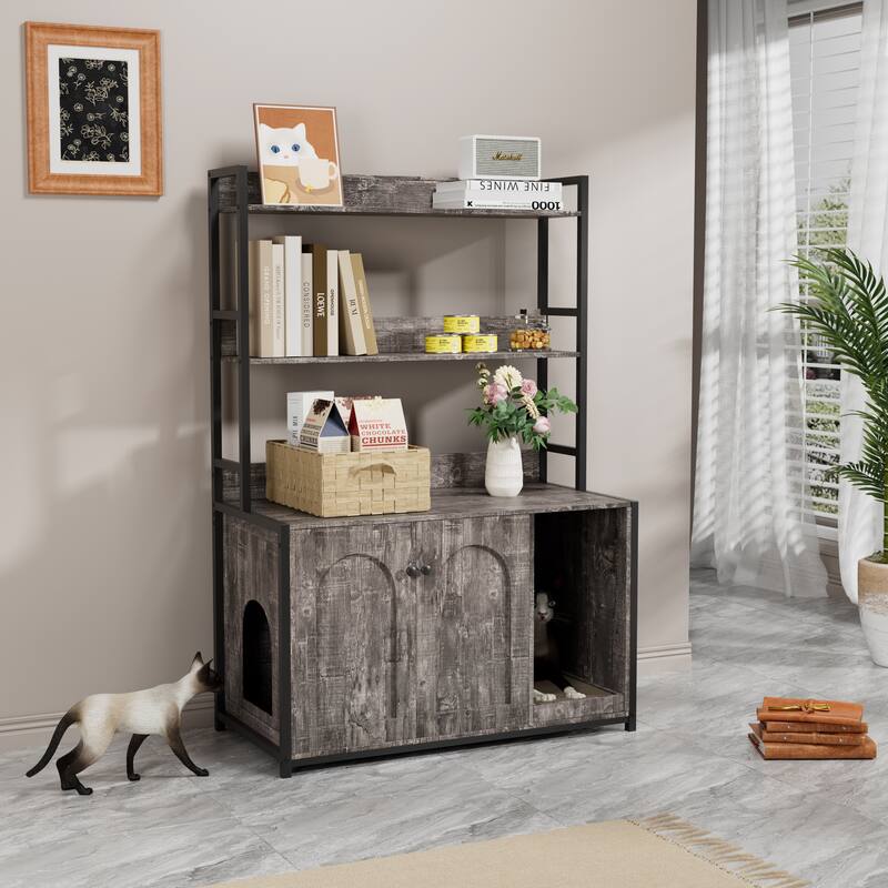 GDF Studio - Large Cat Litter Box Enclosure with Shelf Storage and Scratch Pad