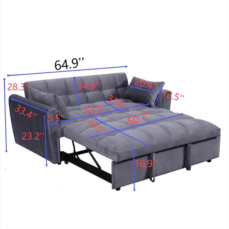 Velvet Sofa Bed 64.9" - Foldable with Soft Pillows for Living or Bedroom