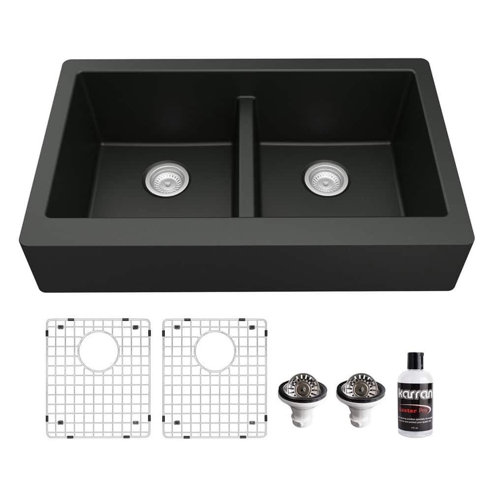 Karran Retrofit Farmhouse Quartz 34 in. Double Bowl 50/50 Sink Kit