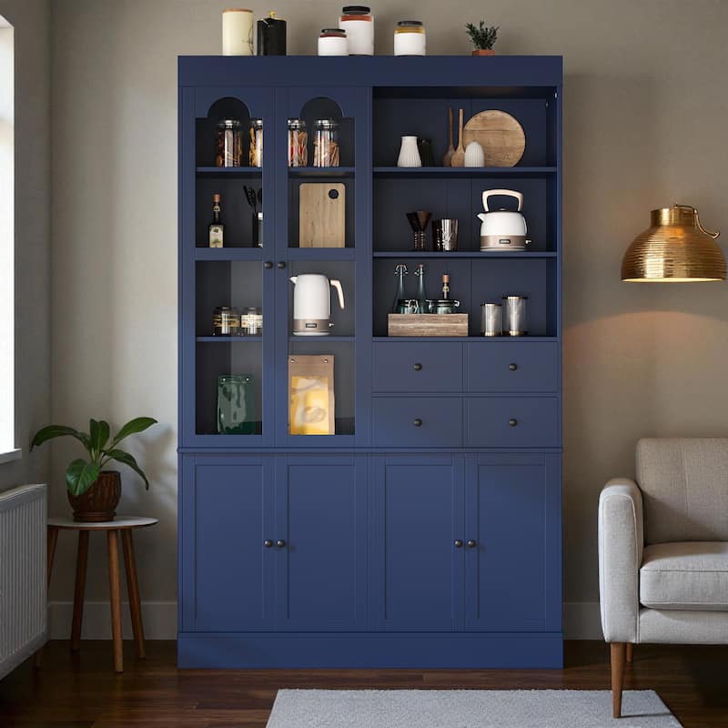 75" Freestanding Kitchen Pantry Buffet with Hutch, 4 Drawers, Glass Doors, Adjustable Shelves and Pull-Out Trays - Blue