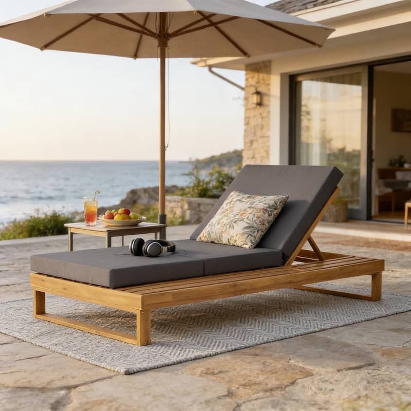 Christopher Knight Home - Modern Outdoor Acacia Wood Chaise Lounge with 4-Position Adjustable Backrest & 2-Fold Cushion - Teak Finish+Dark Gray Cushion