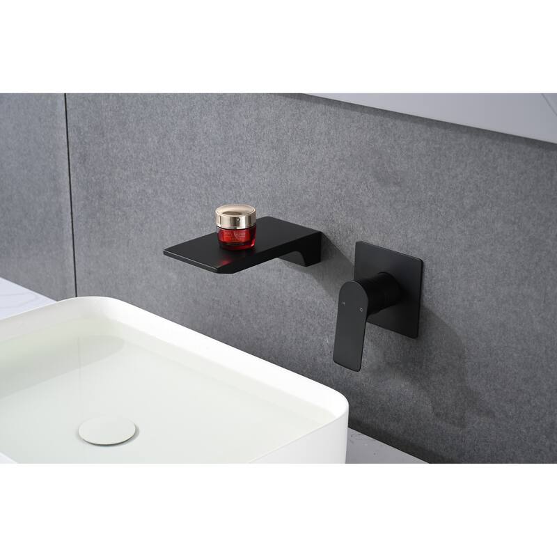 Matte Balck Wall Mount Bathroom Sink Faucet, Single Handle Bathtub Faucet with Waterfall Spout Brass Rough-in Valve Included