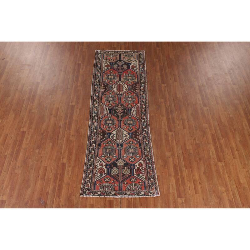 Tribal Orange Hamedan Persian Vintage Runner Rug Handmade Wool Carpet - 3'3" x 9'4"