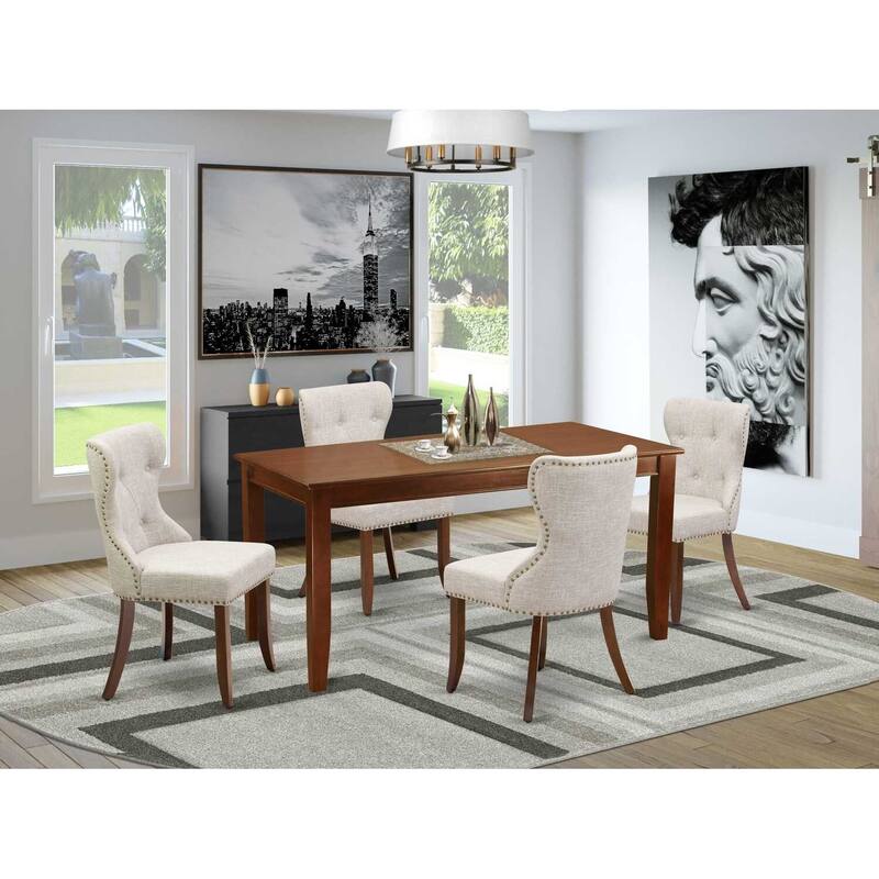 Dining Room Set for 4 - Linen Fabric Parsons Chairs & Mahogany Table - Modern Kitchen Furniture