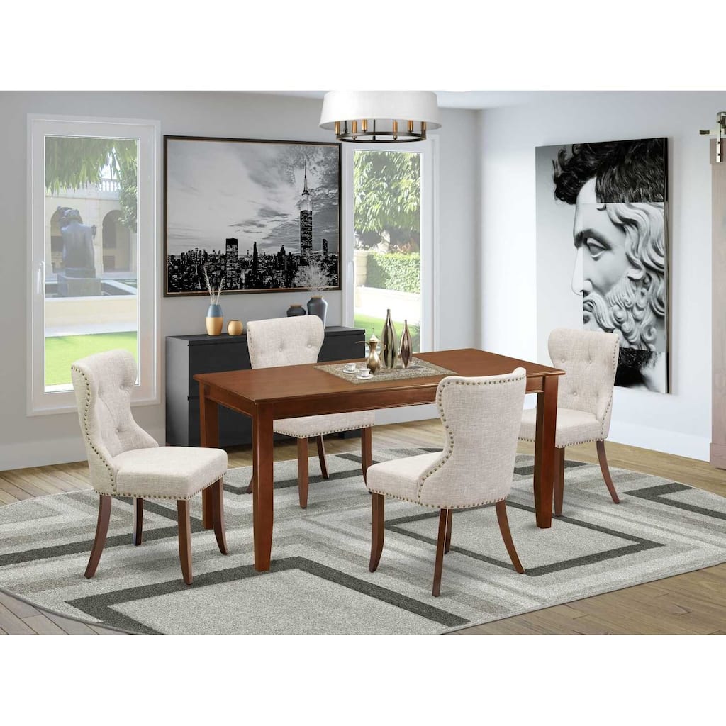 Dining Room Set for 4 - Linen Fabric Parsons Chairs & Mahogany Table - Modern Kitchen Furniture