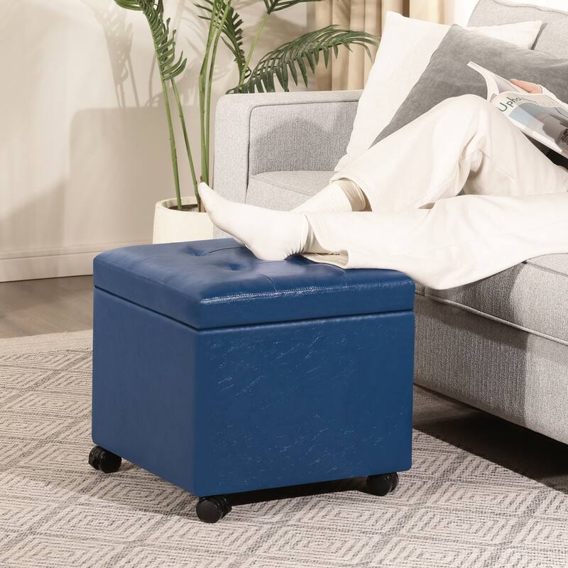 Adeco Bonded Leather Storage Ottoman Square Tufted Cube Footstool