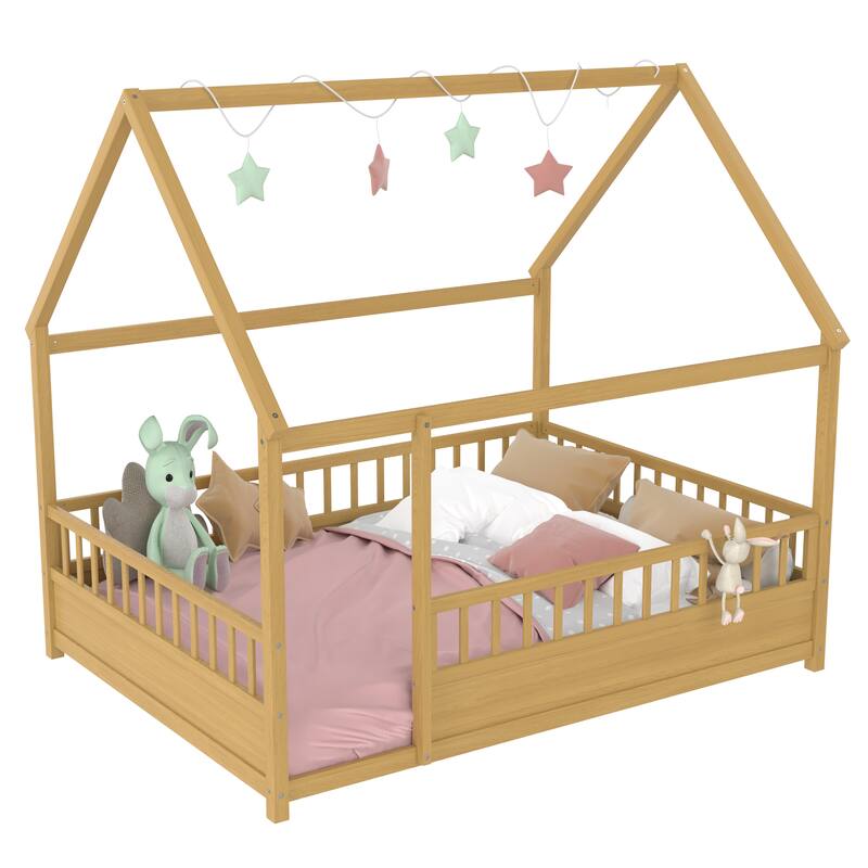 Full Size Wooden Floor Bed with Roof Frame and High Fence Guardrails, Natural Finish