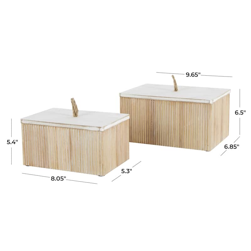 Wooden Washed Ribbed Storage Box with White Lids and Rope Handles - Set of 2 Brown - Roche River Decor