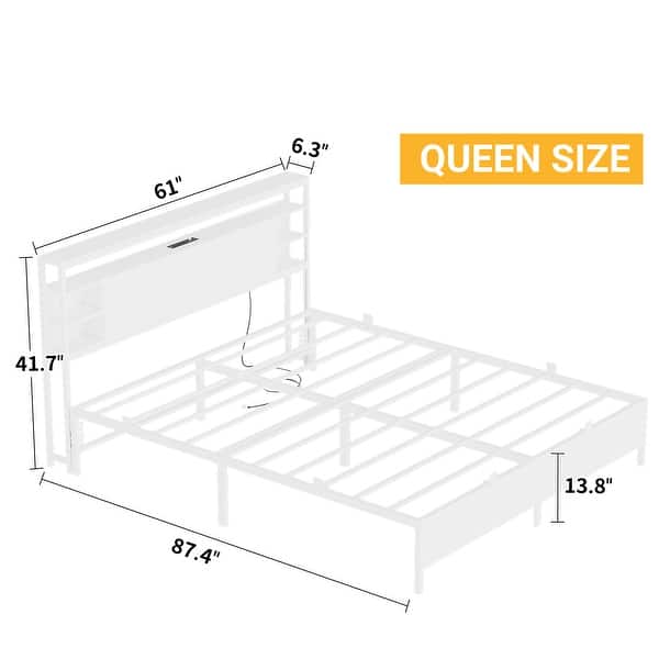 dimension image slide 2 of 11, Bed Frame with Charging Station and RGB LED Lights, Sturdy Platform Bed with Storage Headboard,