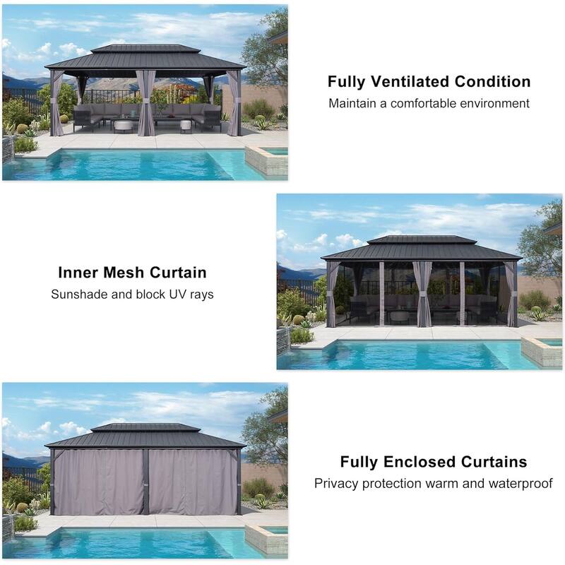 PURPLE LEAF Gazebo Outdoor Gazebo with Dual-Layer Galvanized Steel Double Roof Aluminum Gazebo with Netting and Curtains Grey
