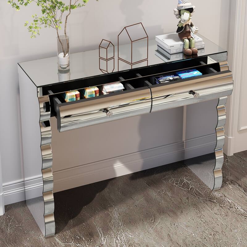 Mirror Decorated Console Table with Storage Drawers and Wave Pedestal