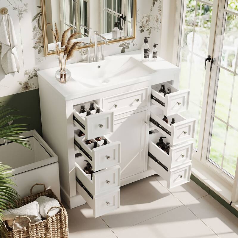 Bathroom Vanity with Ceramic Sink, Bathroom Storage Cabinet with 1 Doors and 6 Drawer, Bathroom Cabinet with Open Shelf