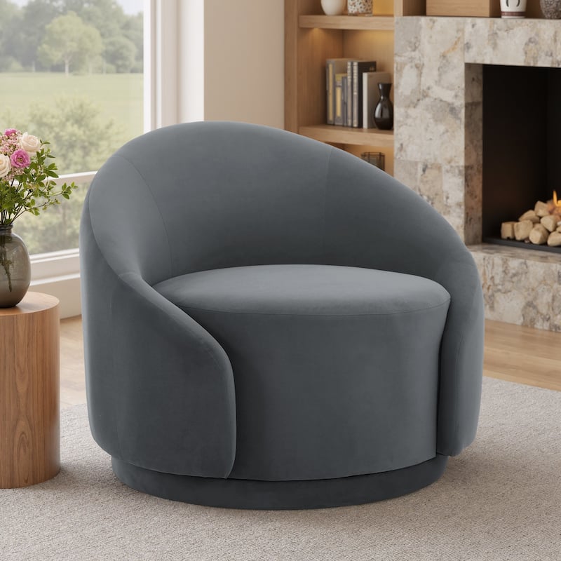 35" W Modern Upholstered Velvet/ Boucle Barrel Swivel Chair - 1-Piece - Grey/ Velvet