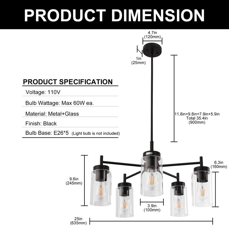 YANSUN 5-Light Matte Black Candle Chandelier with Blue Glass Shades and E26 Base for Sophisticated Spaces - 25*25*9.6