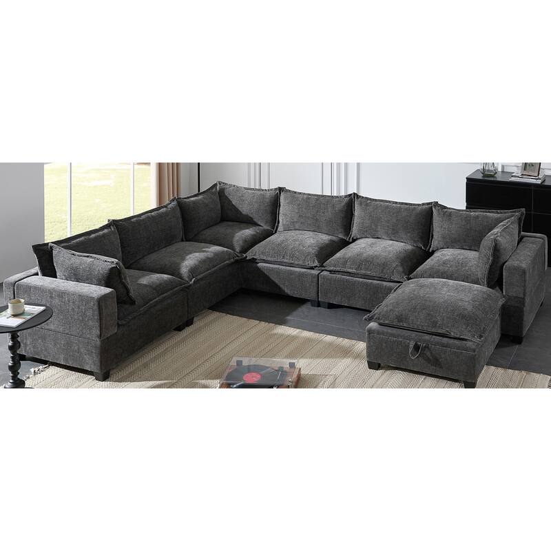 Roomfitters 117.5" Modular U-Shaped Sectional Sofa with Storage Ottoman, 7 Seat Wide Chenille Couch, Living Room Sofa