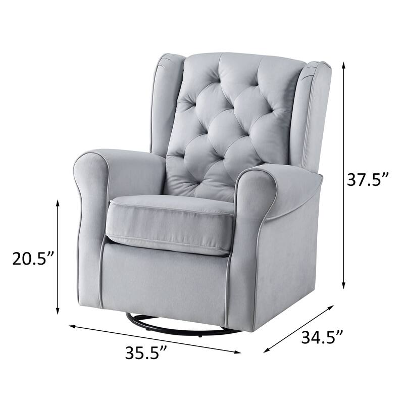 Grey Glider Swivel Chair: Transitional Design, Tufted Back, Stable Metal Base