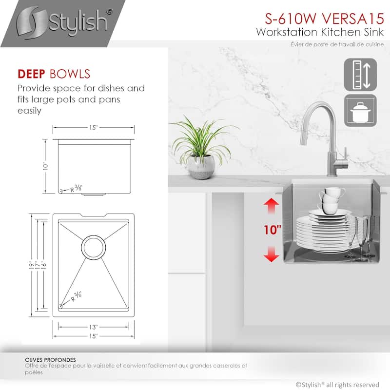 STYLISH 15 inches L x 19 inches W Single Bowl Undermount 16G Stainless Steel Kitchen Sink with Built in Accessories Handmade