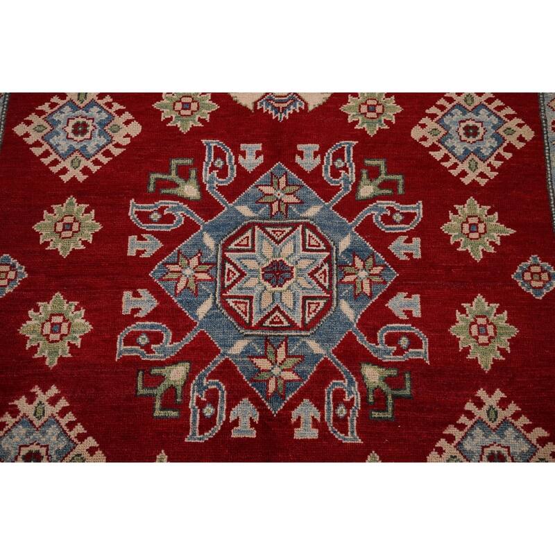 Red Geometric Kazak Rug Hand-Knotted Traditional Wool Carpet - 5'0" x 7'0"